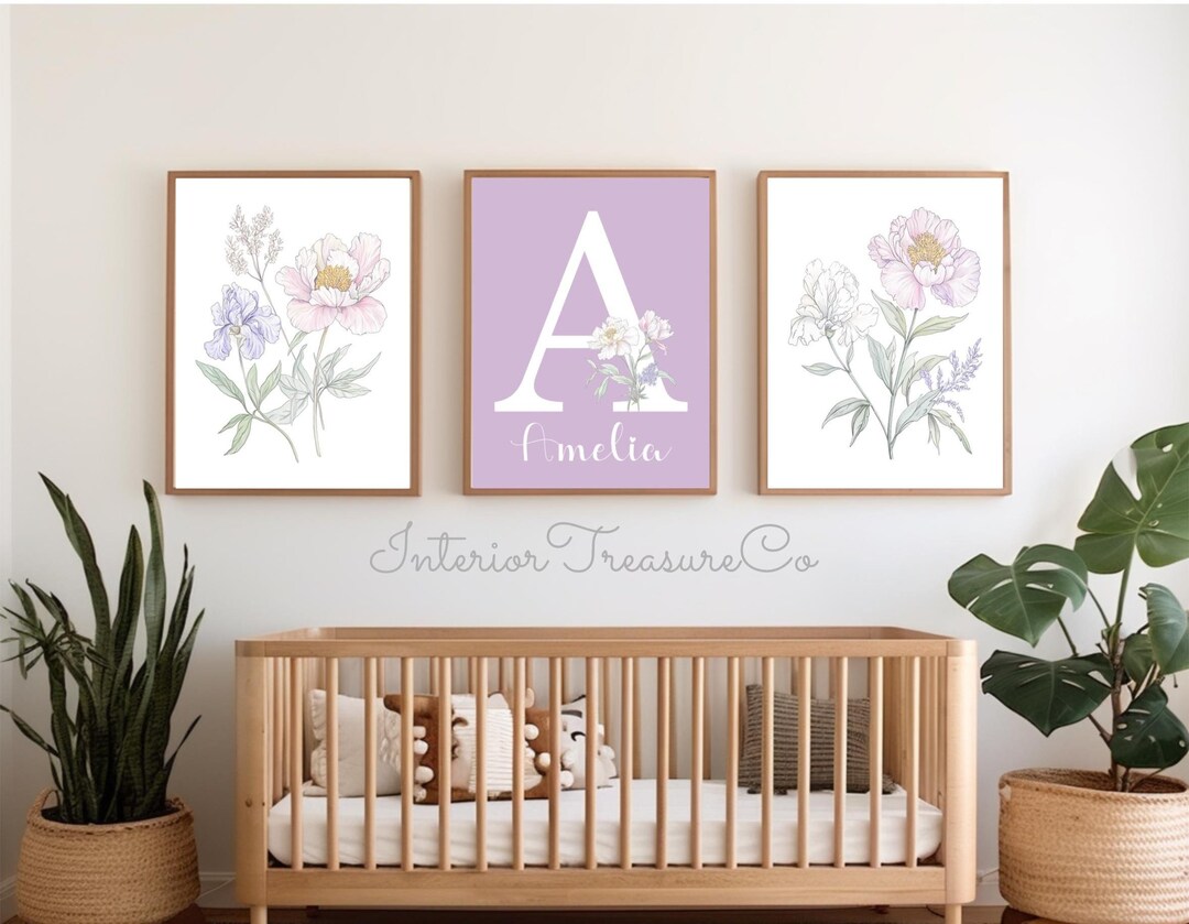 Lilac Floral Nursery Art Prints: Personalized Name Initial (digital ...