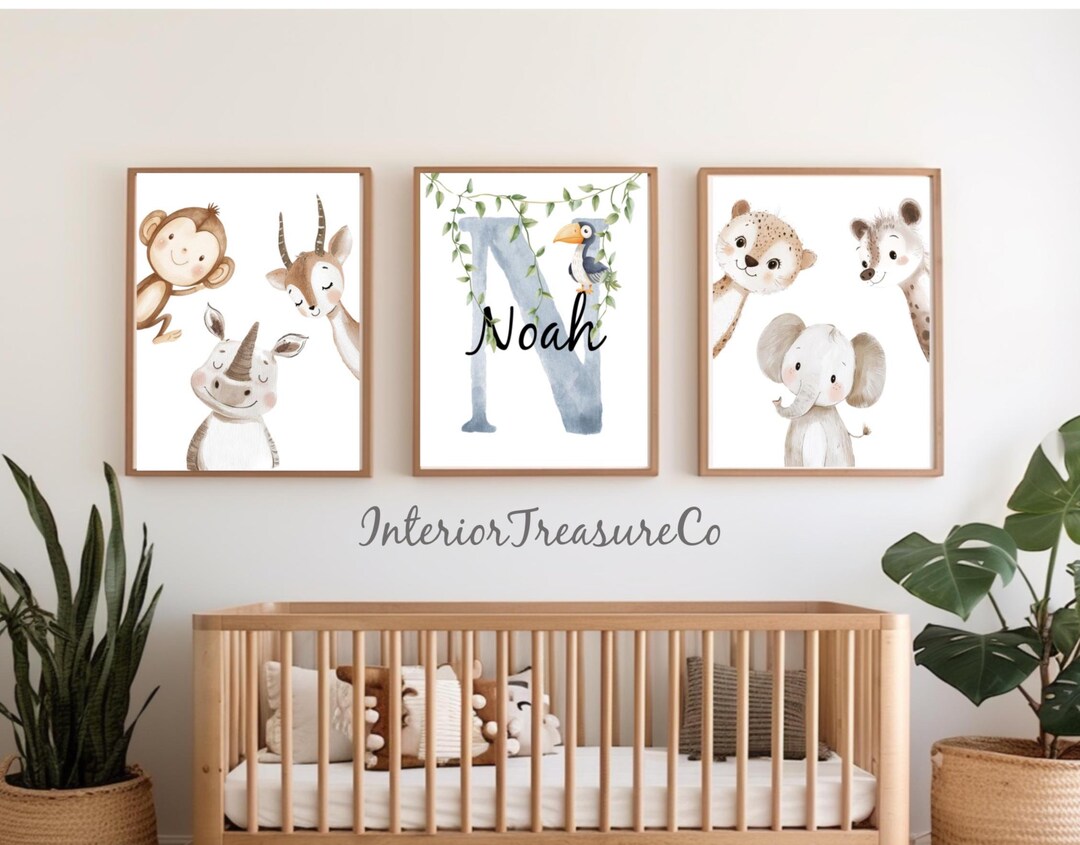 Personalized Safari Nursery Art Print Set,watercolor Jungle Animal Wall ...