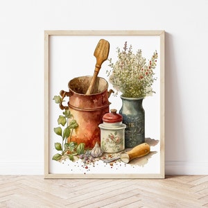 Aquarell Küche Wand Kunst Druck Bauernhaus Küche Topf Werkzeuge Dekor druckbare Vintage Kunst Küche Kräuter Vase Digitale Kunst Drucke Download