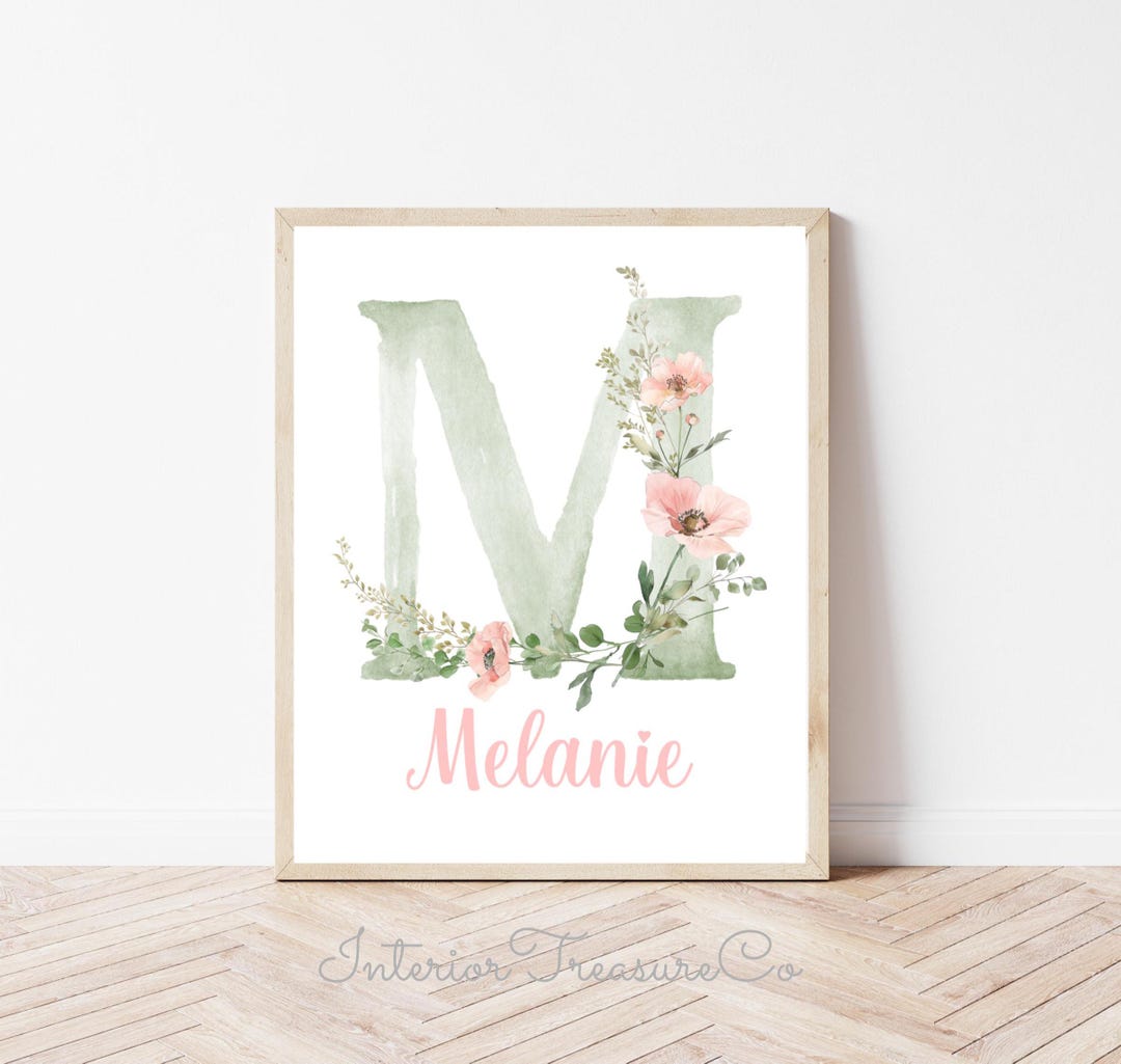 Personalized Floral Wall Art Print, Custom Name Nursery Decor, Retro ...