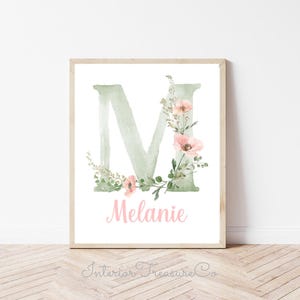 Gepersonaliseerde bloemenkunst aan de muur, aangepaste naam kinderkamerdecoratie, retro meisjeskamerdecoratie (digitale download)