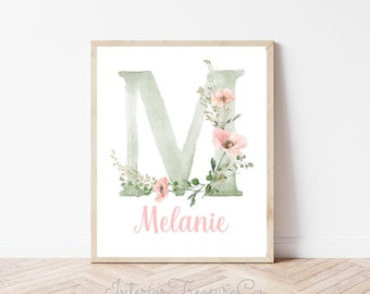 Personalized Floral Wall Art Print, Custom Name Nursery Decor, Retro Girls Room Decor (Digital Download)
