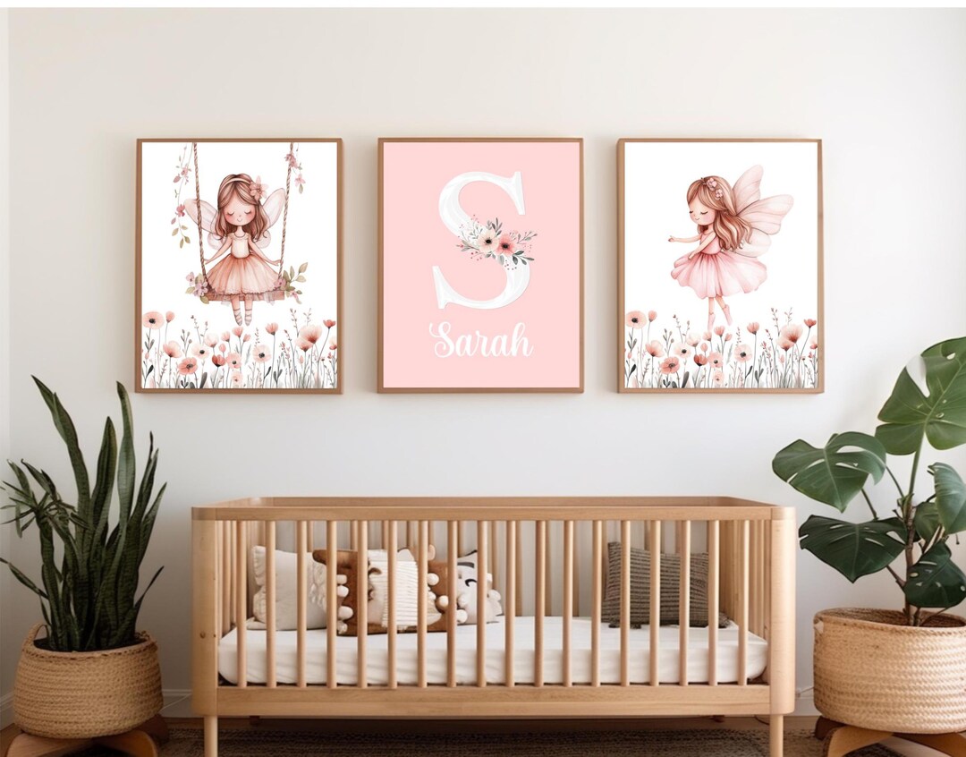 Personalized Fairy Nursery Wall Art Prints, Pink Floral Baby Girl Name ...