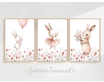 Boho pink Bunny Nursery Wall Art Prints,Blush Wildflower Bunny Nursery Decor,Baby Girls Room Wall Art Decor,Floral Rabbi Artt,Digital Prints