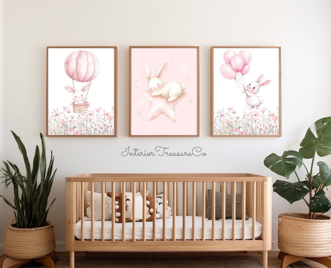 Bunny Nursery Nursery Prints, Pink Baby Girl Room Wall Art Set of 3 ...