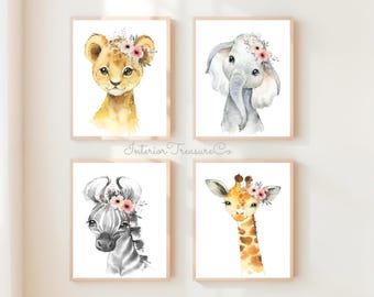 Safari Nursery Wall Art Set of 4, Baby Animal Prints, Neutral Jungle Room Decor, Printable Wall Art Digital Download