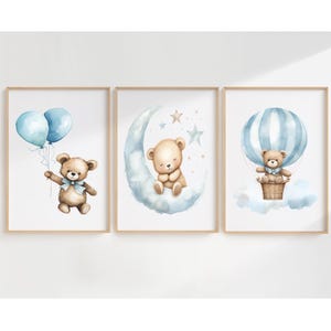 Blue Teddy Bear Nursery Prints, Baby Room Wall Art Decor, Sleeping Bear, Air Balloon, Cloud Moon Stars Art Print,Baby Shower Gift Set Of 3