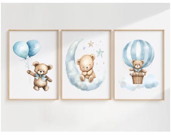 Blauer Teddybär-Kinderzimmerdruck, Babyzimmer-Wand-Kunst-Dekor, schlafender Bär, Heißluftballon, Wolke Mond-Sterne-Kunstdruck, Babypartygeschenk 3er-Set