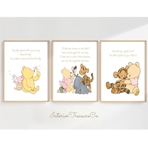 Set Of 3 Classic Winnie The Pooh Nursery Art Prints,Pooh inspirational Quotes,Neutral Baby Room Wall Decor,Digital Pooh Bear Nursery Decor