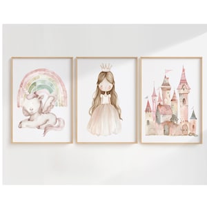 Princess Nursery Art Prints: Rainbow Unicorn, Castle (Digital Download)