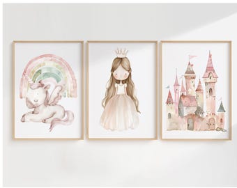Princess Nursery Art Prints,Pastel Rainbow Unicorn Nursery Wall Decor,Princess Castle Art Print,Baby Girl Room Wall Decor,Digital print gift