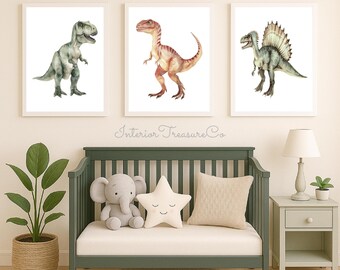Juego de 3 láminas decorativas de dinosaurios para la habitación del bebé, decoración infantil con T-Rex en acuarela, arte de pared neutro para dormitorio de niños (descarga digital)