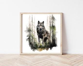 Gray Wolf Wall Art Print,Wolf Printable Art Home Decor,Wolf Landscape,Wolf Printable Canvas,Office Wall Decor,Digital Download Art Prints