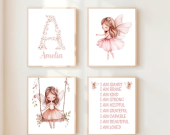 Láminas personalizadas de hadas para la pared de la habitación infantil, decoración floral rosa personalizada para habitación de niña, láminas con afirmaciones inspiradoras (descarga digital)