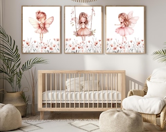 Stampe artistiche da parete rosa cipria per la cameretta delle bambine, decorazioni floreali e fatate, decorazioni murali fantasiose, download immediato.