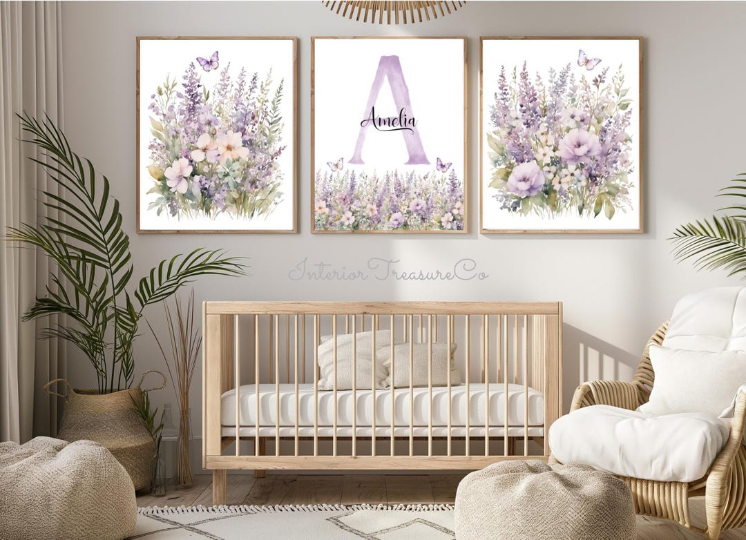 Personalized Floral Nursery Wall Art Prints, Lavender Purple Baby Girl ...