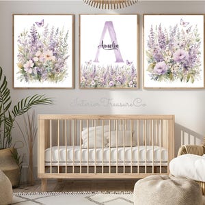 Personalized Floral Nursery Wall Art Prints, Lavender Purple Baby Girl Room Decor, Custom Name Sign, Botanical Art, Digital Download