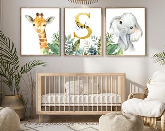 Personalized Safari Nursery Wall Art Prints, Baby Animal with Name & Initial, Neutral Jungle Room Decor, Printable Art, Digital Download