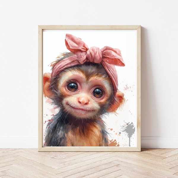 Safari Nursery Art Print,Baby Monkey Printable Nursery Art,Jungle Animal Baby Shower,Pink Nursery Wall Art,Digital Design Prints,Download