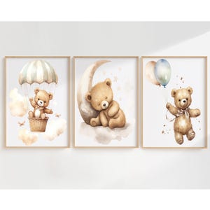 Neutral Teddy Bear Nursery Prints,Baby Room Wall Art Decor,Beige Cloud Moon Stars Air Balloon Nursery Art Print,,Printable Art Gift Set Of 3
