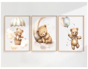 Teddy Bear Nursery Prints,Neutral Beige Moon, Stars, Balloons Wall Art, BabyRoomDecor (Digital Download)