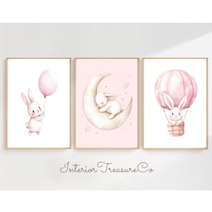 Hasen Kinderzimmer Wand Kunst Drucke, Häschen, Baby Mädchen Zimmer Wand Dekor,Kaninchen Poster,Schlafballon,Häschen Auf dem Mond