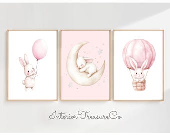 Bunny Nursery Art Prints: Rabbit, Air Balloon, Moon (Digital Download)