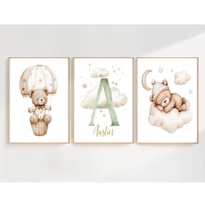 Custom Teddy Bear Nursery Prints,Personalized Initial Baby Name,Kids Room Wall Art Decor,Neutral Beige Cloud Moon Air Balloon Nursery,Gift