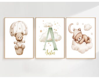 Kundenspezifisches Teddybär-Kinderzimmer druckt, personalisierter Anfangsbabyname, Kinderzimmer-Wand-Kunst-Dekor, neutrale beige Wolke Mond-Luftballon-Kinderzimmer, Geschenk