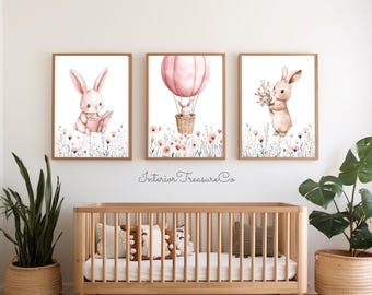 Bunny Nursery Wall Art Print, Blush Wildflowers & Rabbit Prints, Hot Air Balloon, Pink Baby Girl Room Decor, Floral Playroom Poster,Gift Set