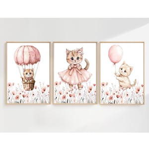 Kitten Nursery Wall Art Prints,Blush Pink Flowers Cat Nursery Decor,Baby Girls Room Wall Art,Air Balloon,Floral Cat Nursery,Digital Posters