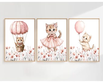 Láminas de pared con diseño floral de gatitos, decoración de habitación de gato rosa, arte de pared imprimible (pósteres de descarga digital)