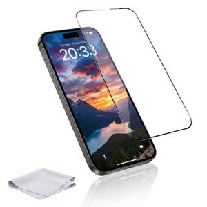 May include: A black smartphone with a screen protector and a cleaning cloth. The phone displays a sunset image and the date, Sunday, September 18, 20:33. The screen protector is clear and positioned next to the phone.