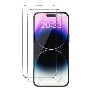 Pode incluir: Um smartphone com protetor de tela e a hora 20:33 exibida. O telefone tem uma borda preta e uma tela com gradientes roxos e azuis. Um protetor de tela transparente é colocado sobre o telefone.