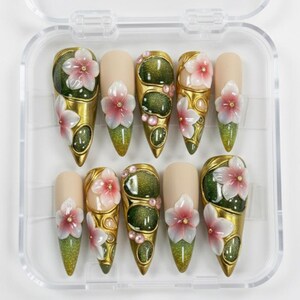 Green Gold Press On Nails, 3D Flower Floral Nails, Luxury Handmade Nails, Gift For Her, Almond Shape
