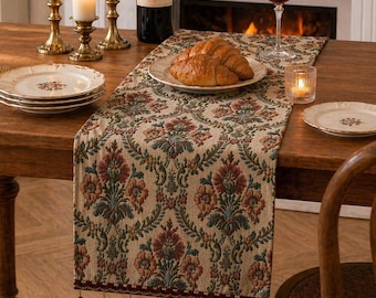 Vintage Floral Table Runner, Botanical Table Runner with Tassels, Boho Farmhouse Table Decor, Rustic Dining Table Linen