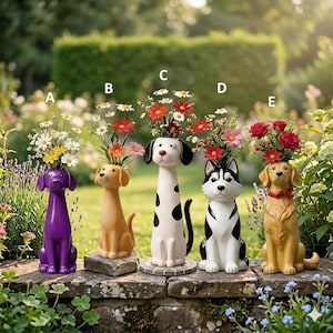 May include: Five dog-shaped ceramic vases, each holding flowers. The vases are in various colors and styles, including purple, tan, white with black spots, black and white, and tan with a red collar. The vases are arranged on a stone wall.