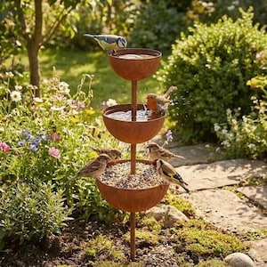 Rustic 3-Tier Iron Bird Bath Feeder, Farmhouse Garden Decor, Rusted Water Feature