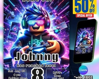 Roblox Boys Birthday, Invitation Templates, Game Birthday card, Roblox Invite, Game Party, Kids Roblox, Canva, Roblox Invitations