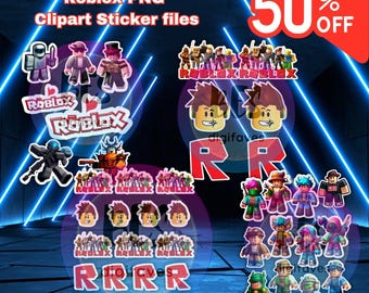 以下が含まれることがあります： 人気オンラインゲームRobloxのキャラクターとロゴをフィーチャーしたデジタルクリップアートステッカーのセット。ステッカーは赤、青、緑など様々な色で、Robloxの文字が複数回登場しています。画像の右上に「50% OFF」の文字が表示されています。