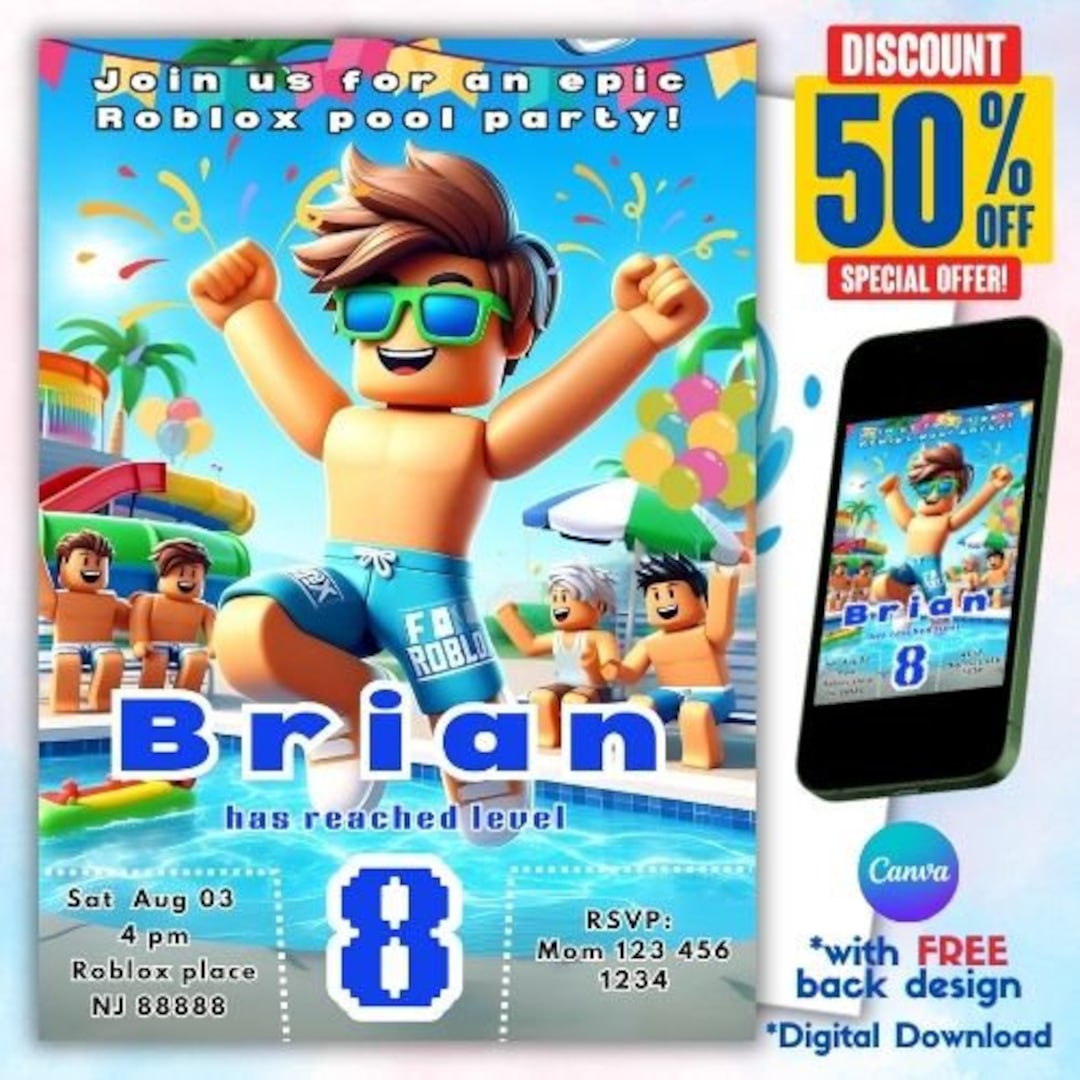 Roblox pool party birthday invitation gamer party invite roblox boy