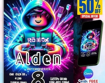 Roblox Boys Birthday, Invitation Templates, Game Birthday card, Roblox Invite, Game Party, Kids Roblox, Canva, Roblox Invitations