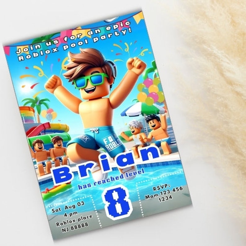 Roblox pool party birthday invitation gamer party invite roblox boy