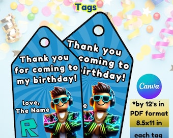 Roblox Birthday Thank You Tags, Editable Party Favors (Digital Download)