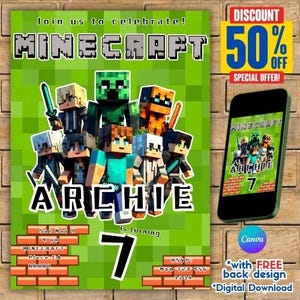 Minecrafter Geburtstagseinladungen, Minecrafter Geburtstag einladen, Bearbeitbar Minecrafter-Geburtstagseinladung, Gamer Einladung, bearbeitbare Canva