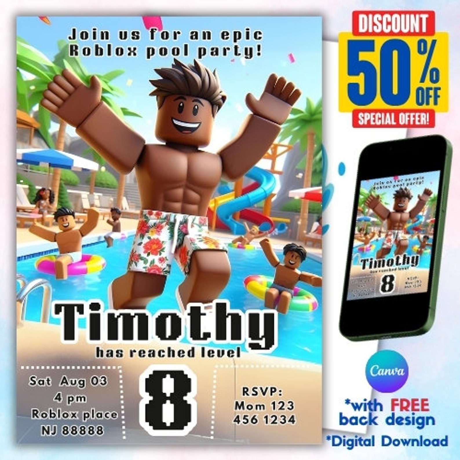 Roblox Invitation Roblox Pool Party Invitation Gamer Birthday Invite Il Euge 