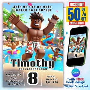 May include: A digital invitation for a Roblox pool party. The invitation features a cartoon character in a pool with a blue and green background. The text on the invitation reads "Join us for an epic Roblox pool party!" and "Timothy has reached level 8".