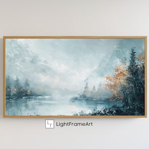Samsung Frame TV Kunst Naturlandschaft Immergrüne Bäume See Digitaler Download für FrameTV Blau Acryl-Ölgemälde Natur Seelandschaft Kunst