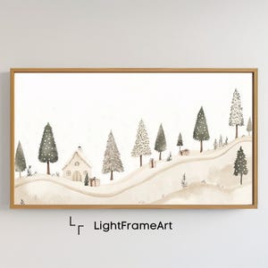 Peut inclure: Une peinture à l'aquarelle d'une scène d'hiver enneigée avec une petite maison et des sapins. La peinture est encadrée dans un cadre en bois clair.