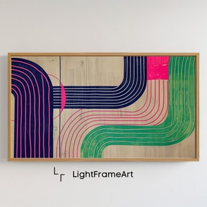 May include: Abstract geometric art print with curved lines in shades of green, blue, and pink on a wood background. The print is framed in a natural wood frame.